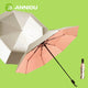 Pink compact travel umbrella with black handle and strap, white umbrella, and folded umbrella on a green background with 'ANNIOU' branding UPF 50+