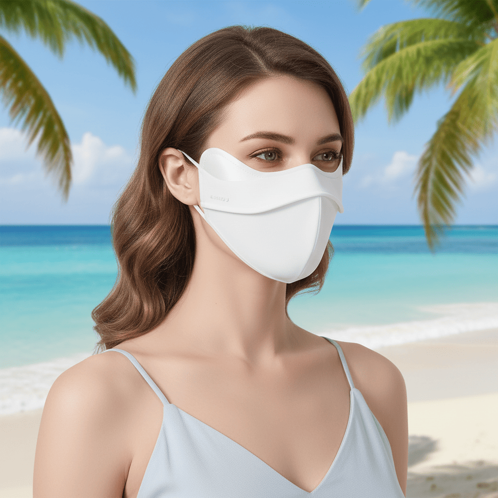 Woman on a beach wearing a White Lycra UV Face Mask upf 50+