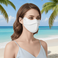 Woman on a beach wearing a White Lycra UV Face Mask upf 50+