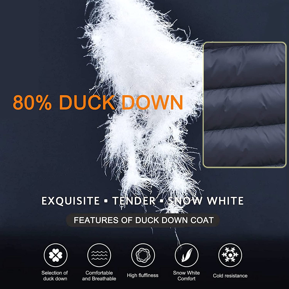 80% duck down coat feature with white duck down feathers and dark blue coat texture on a black background.