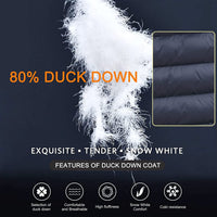80% duck down coat feature with white duck down feathers and dark blue coat texture on a black background.