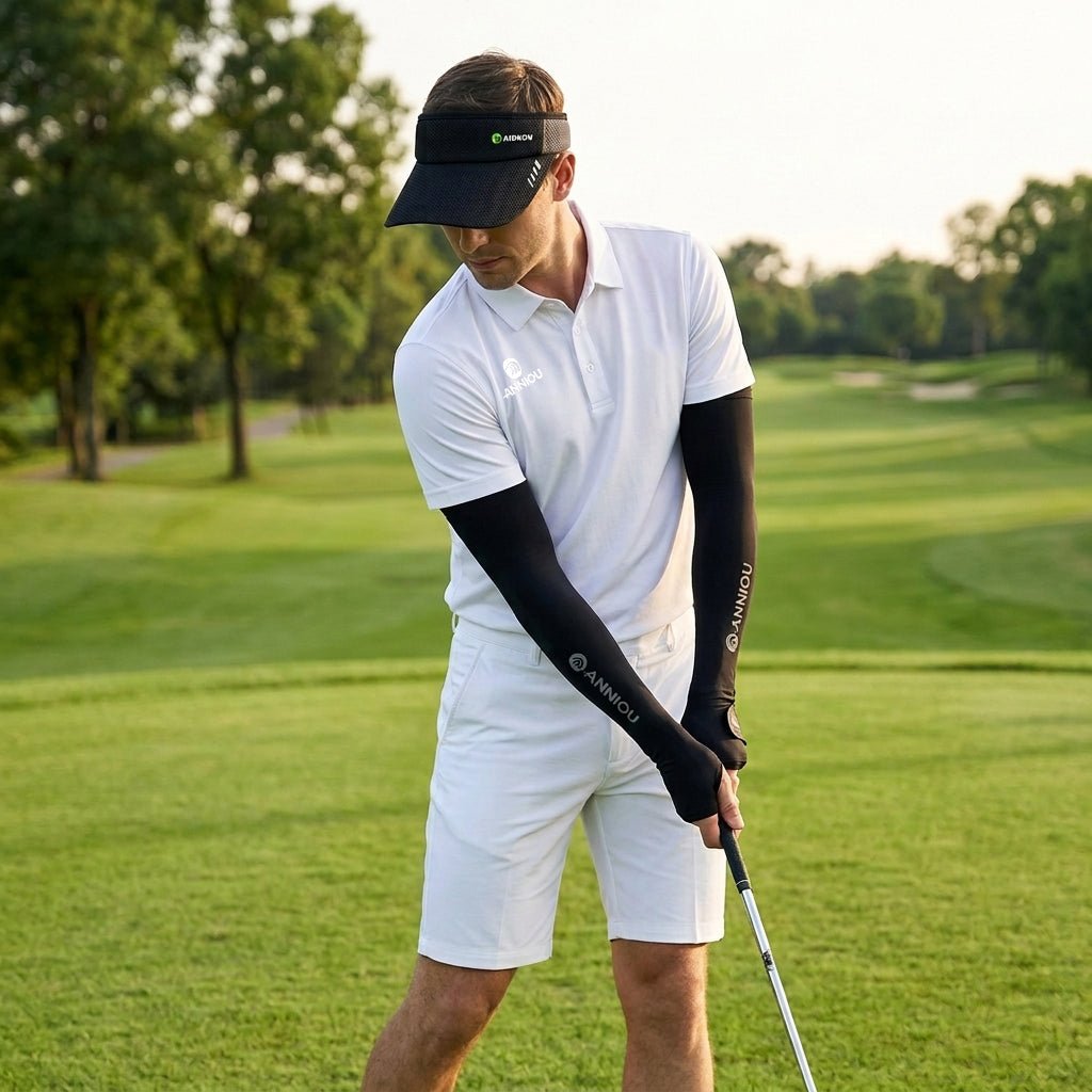 Men's White Golf Polo Shirt UPF 50+ with Anniou arm sleeves