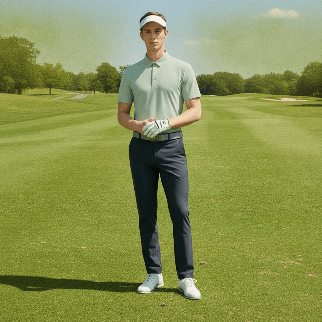 The man is wearing a green sun-protective golf polo shirt against a golf course background