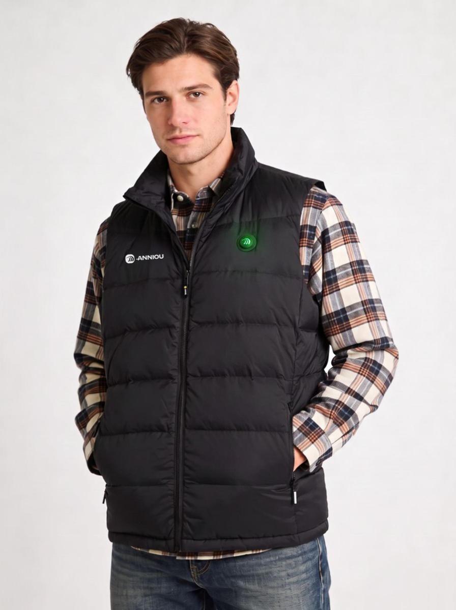 A handsome man wearing a black heated puffer vest over a brown and beige plaid flannel shirt by ANNIOU.