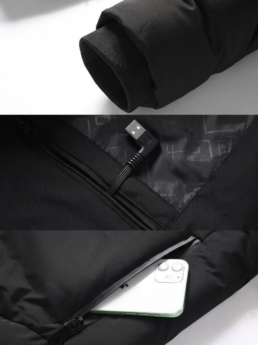windproof elastic cuff and inner pocket details of #Black 11 Area Heated Padded Jacket