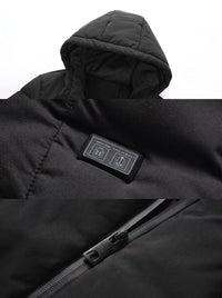 hood and dual switch details of #Black 11 Area Heated Padded Jacket