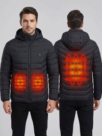 A man shown from the front and back wearing a black hooded puffer jacket with glowing orange heat-map graphics indicating built-in heating zones on the chest and lower back.
