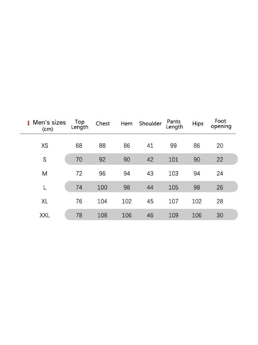 Size chart for men's clothing with measurements in centimeters