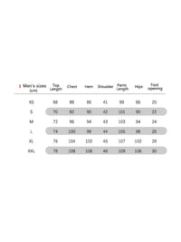 Size chart for men's clothing with measurements in centimeters