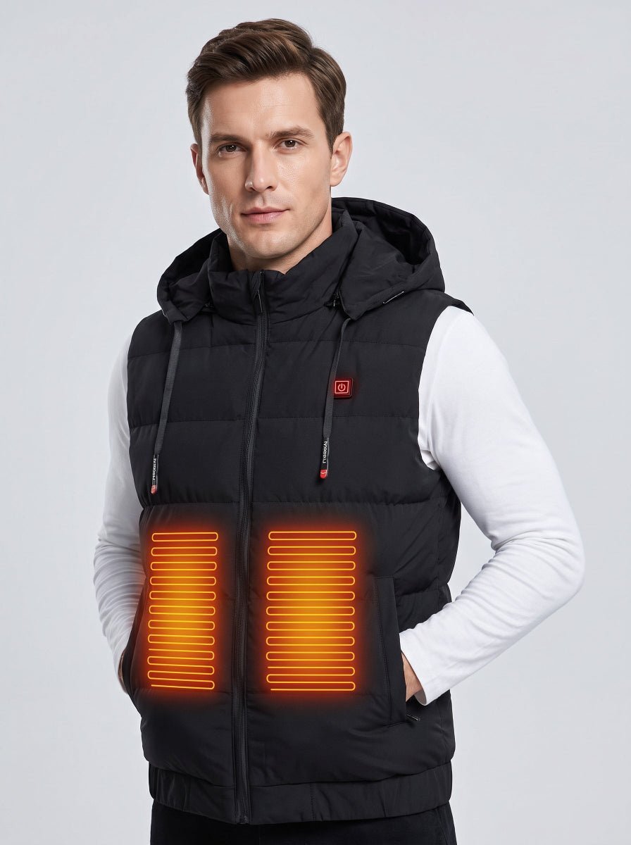 #black Men's Hooded Heated Puffer Vest with 2 heating zones front