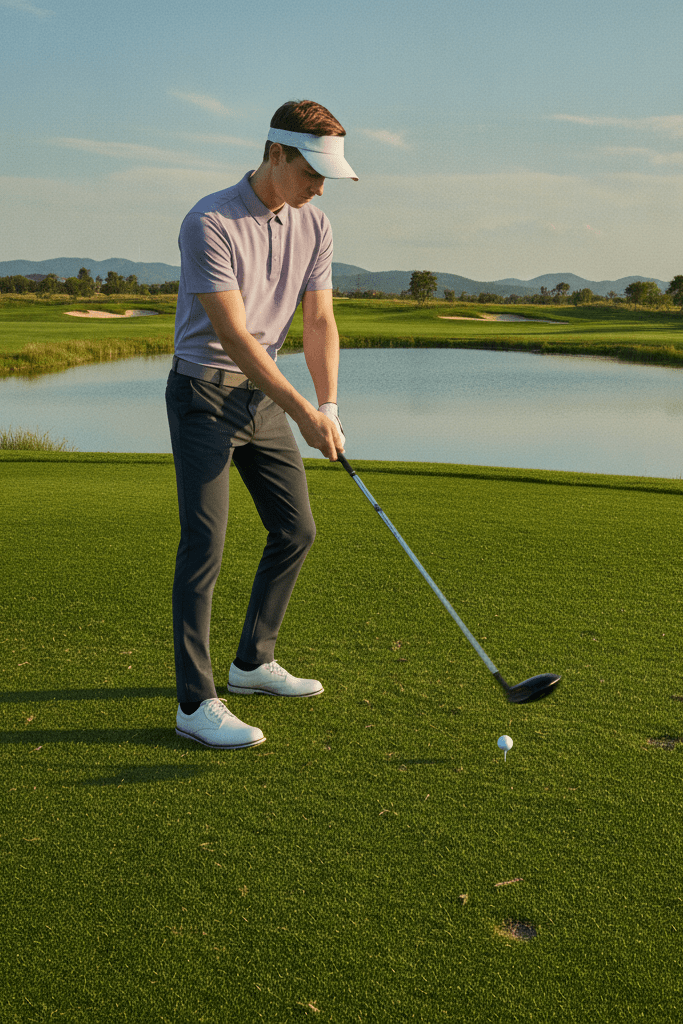 A young man wearing ANNIOU sun-protective golf polo shirt, quick-drying and breathable.