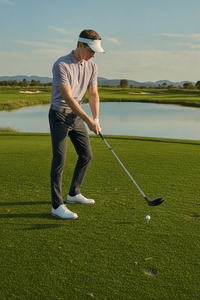 A young man wearing ANNIOU sun-protective golf polo shirt, quick-drying and breathable.