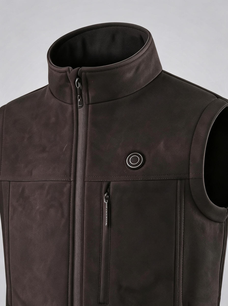 Men’s Heated Vest Close‑Up, Stand Collar with Heat Control Button & Zipper Chest Pocket