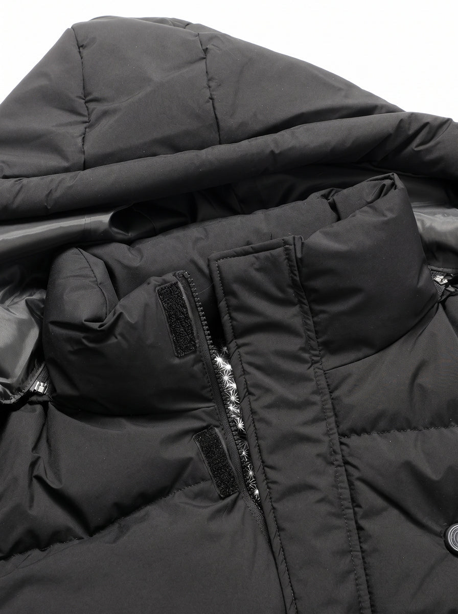 Collar details of #black Mid Length Heated Quilted Jacket