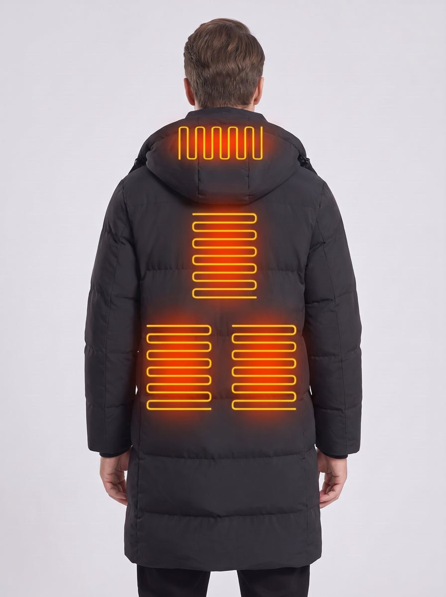 Back of #Black 8 area Mid Length Heated Quilted Jacket