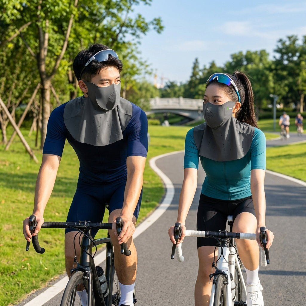 man and woman wearing a black Neck Gaiter Face Cover UPF 50+ cycling