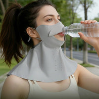 Woman drinking with a light gray Neck Gaiter Face Cover UPF 50+