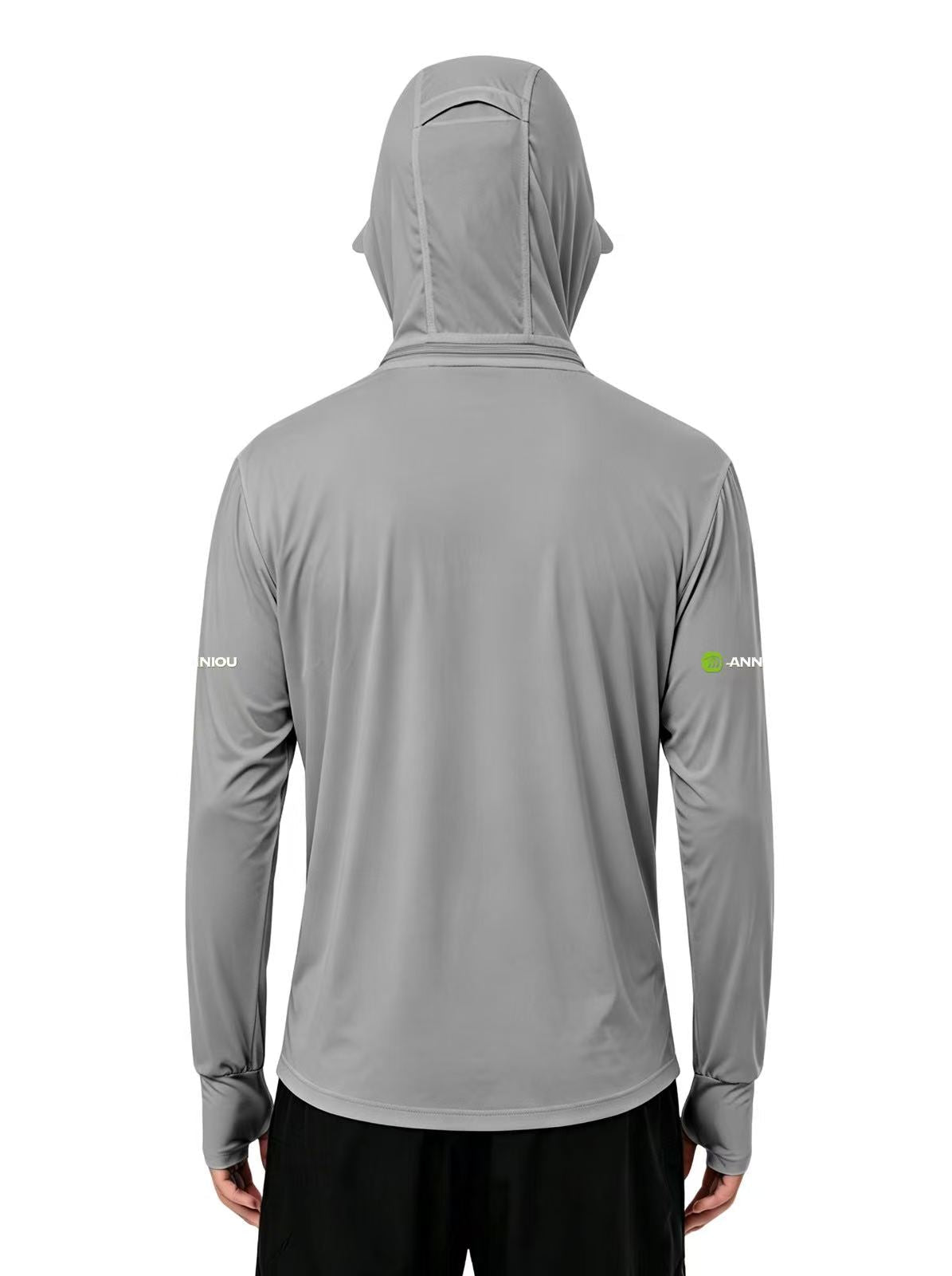 A person shown from the back wearing a light gray hooded long-sleeve athletic top and black shorts against a plain white background.