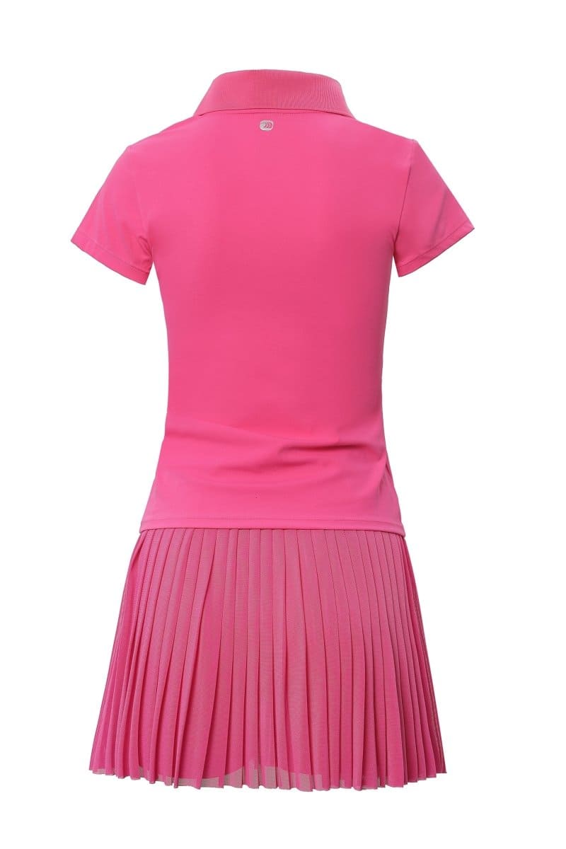 Pink polo shirt and pleated skirt set on a white background