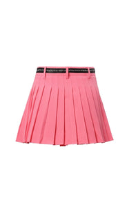 Pink pleated skirt with a black waistband on a white background