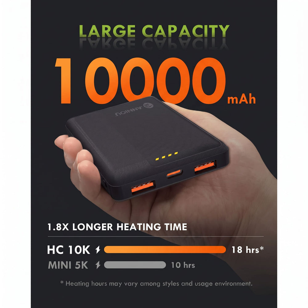 A black LogiVision portable power bank held in a hand against a dark background, with large promotional text reading 'LARGE CAPACITY 10000 mAh' and feature callouts about longer heating time.