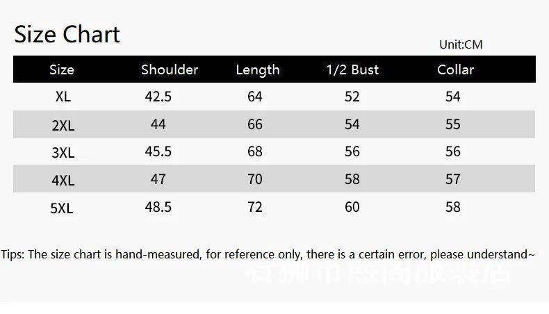 Size chart for clothing measurements in centimeters