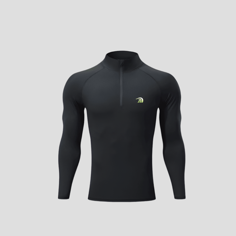 Men's muscle fit Black long - sleeve athletic shirt with a logo on a green background, featuring the brand 'ANNIOU' with a quarter zip.