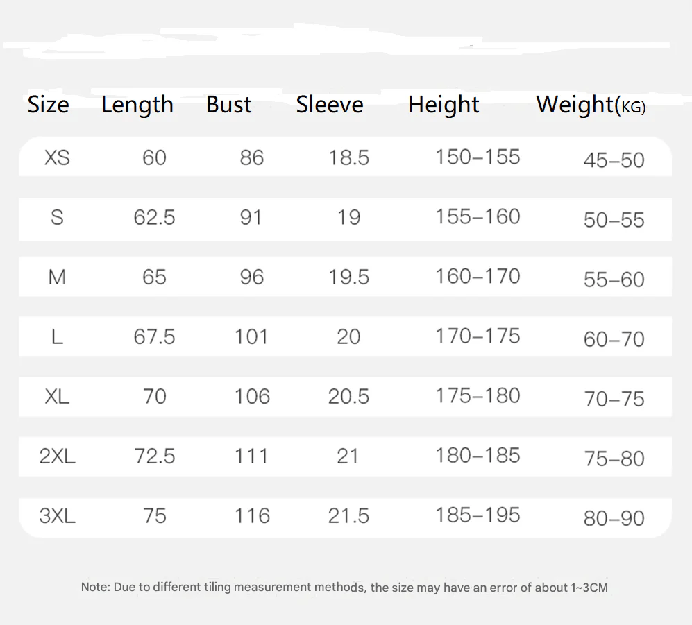 Size chart for clothing with measurements in centimeters and kilograms.