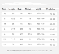 Size chart for clothing with measurements in centimeters and kilograms.