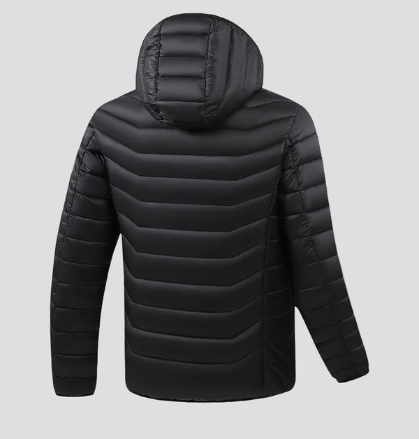 Black puffer jacket with a hood on a white background heated hood