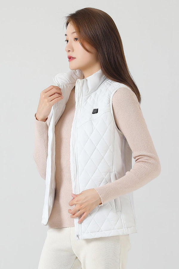 women's white quilted heated vest open zip and stand collar