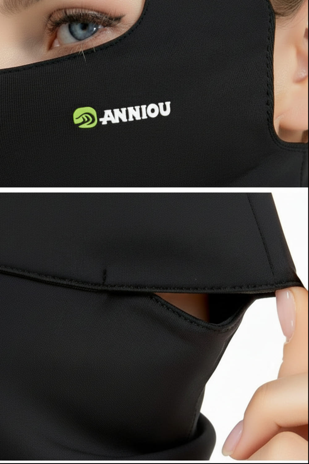 Black face mask with 'ANNIOU' logo