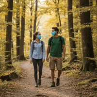 Two people walking on a forest path wearing UPF 50+ face masks.