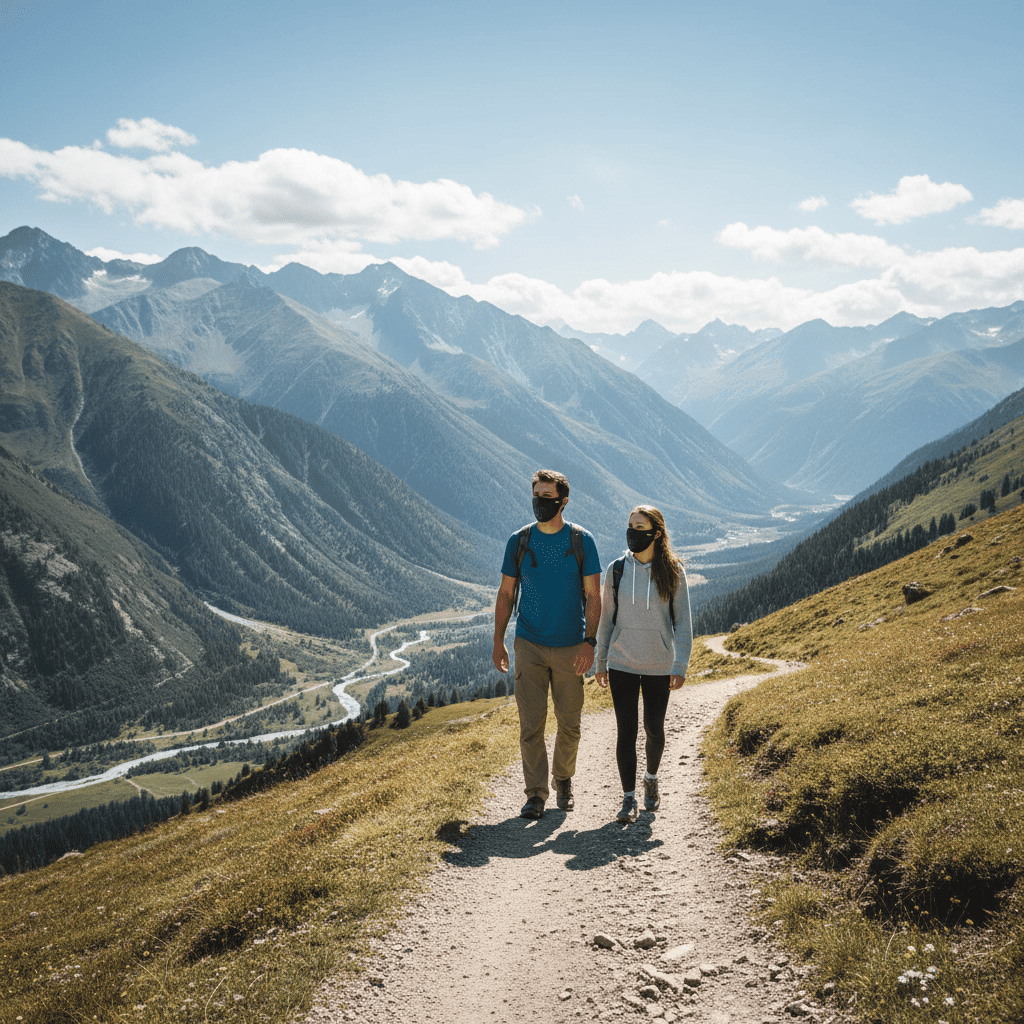 Two people walking on a mountain path with a scenic view of mountains and valleys.