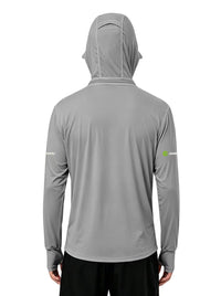 A person shown from the back wearing a light gray hooded long-sleeve athletic top and black shorts against a plain white background.