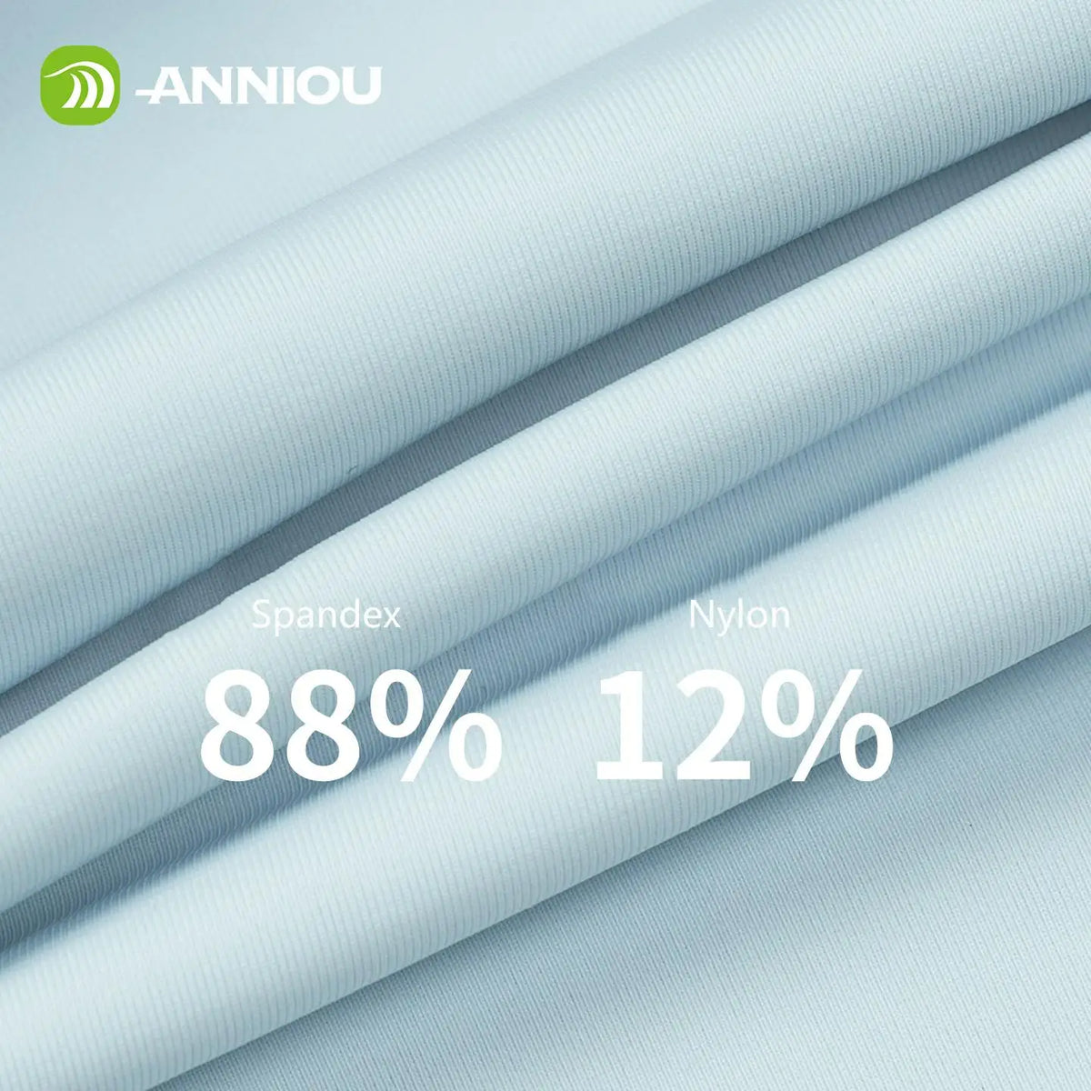 Light blue fabric with Spandex and Nylon percentages and ANNIOU branding.