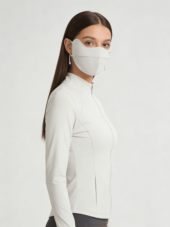 Woman wearing a Light Pink Silk Cooling UV Protection Face Mask