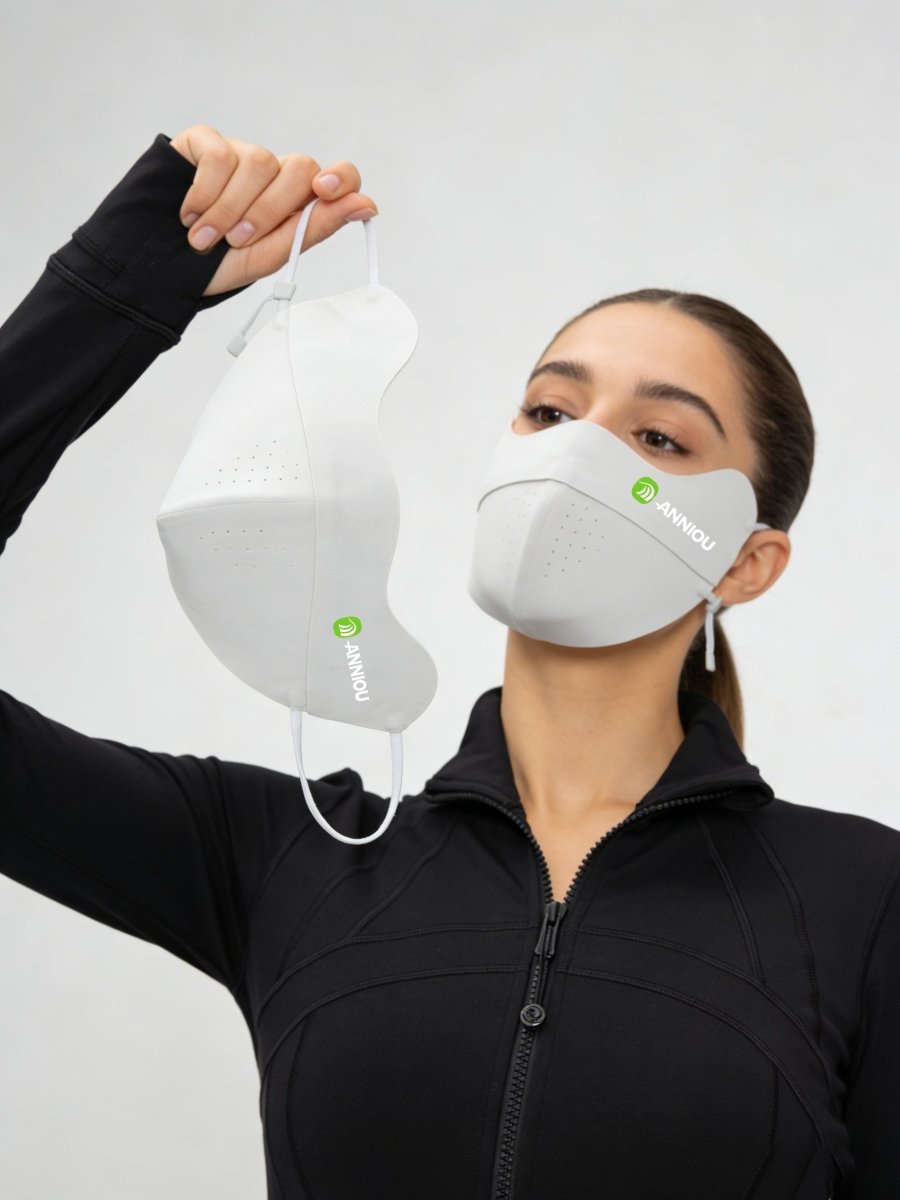 Silk Cooling UV Protection Face Mask light gray and light pink.