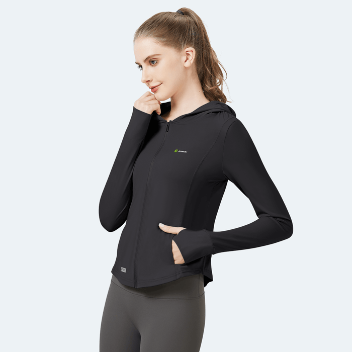 Women's black UPF 50+ Hooded Sun Protection Jacket by Anniou with two way zip