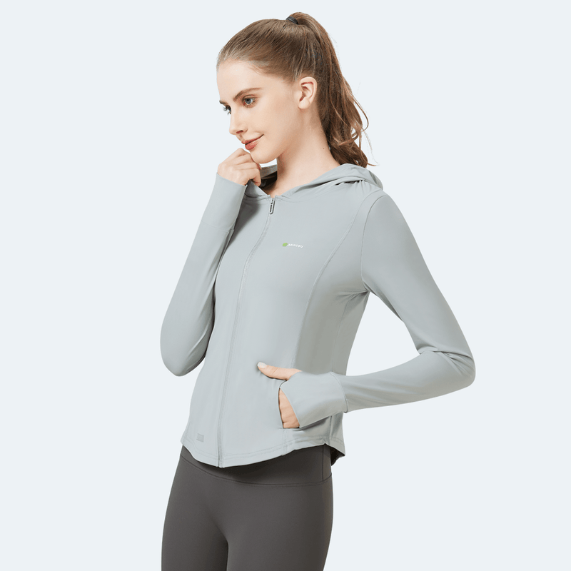 Women's gray UPF 50+ Hooded Sun Protection Jacket by Anniou with two way zip