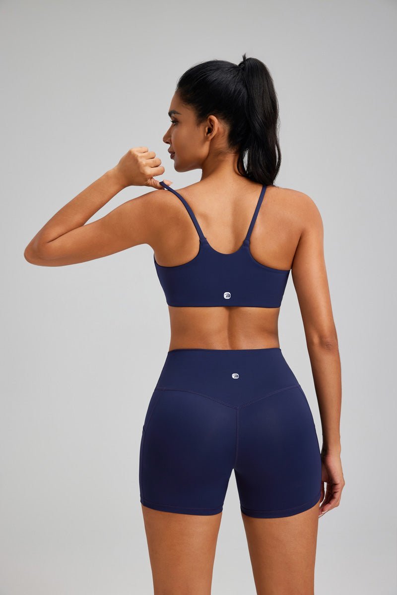 Navy blue Spaghetti Strap Yoga Bra and shorts UPF 50+ by Anniou