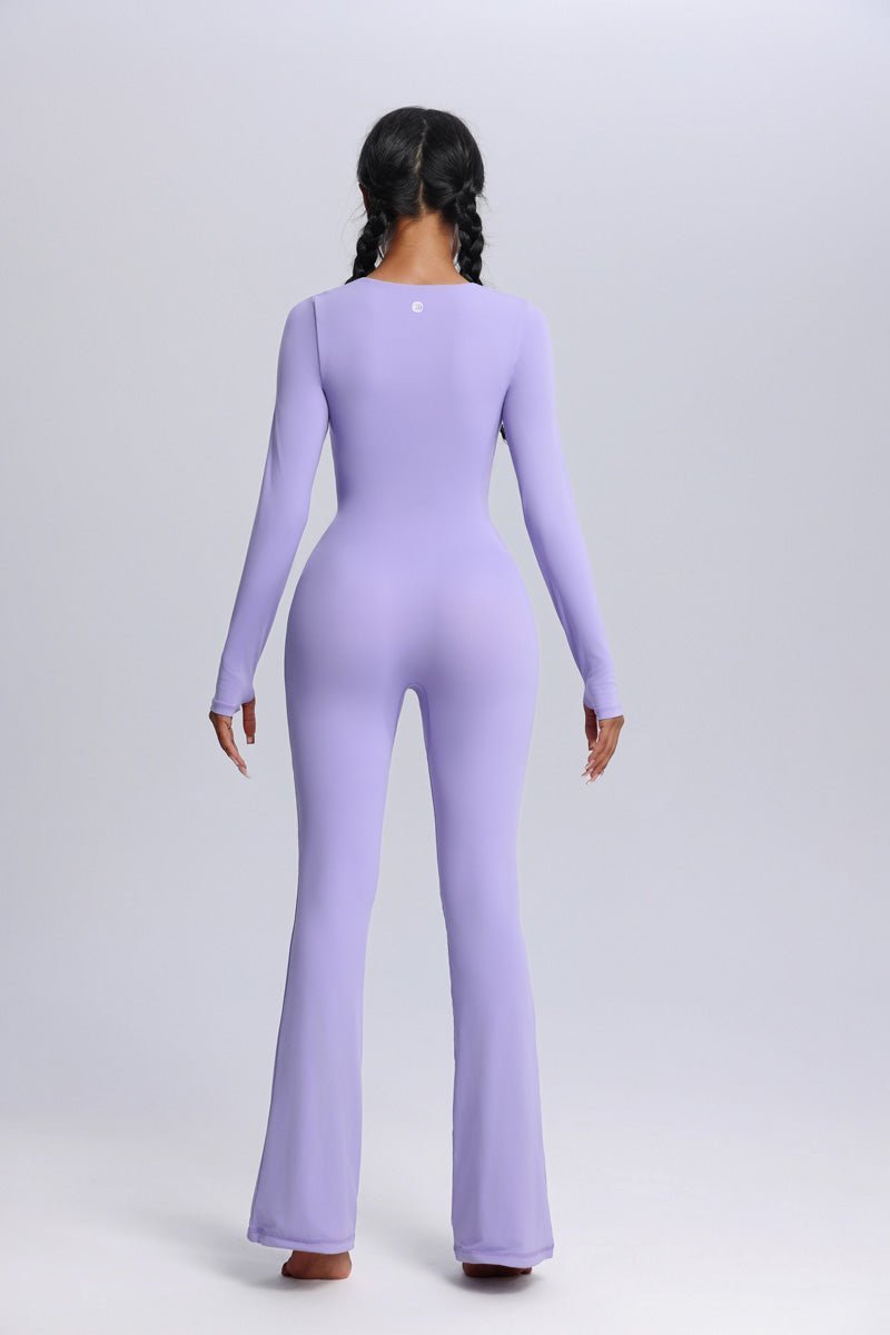 Person wearing a UPF 50+ lavender jumpsuit on a white background