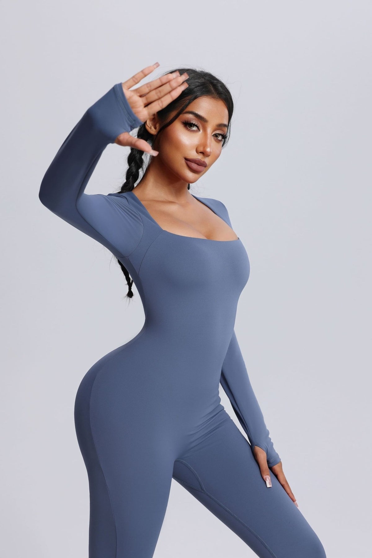 Women's UPF 50+ blue yoga jumpsuit with thumbhole