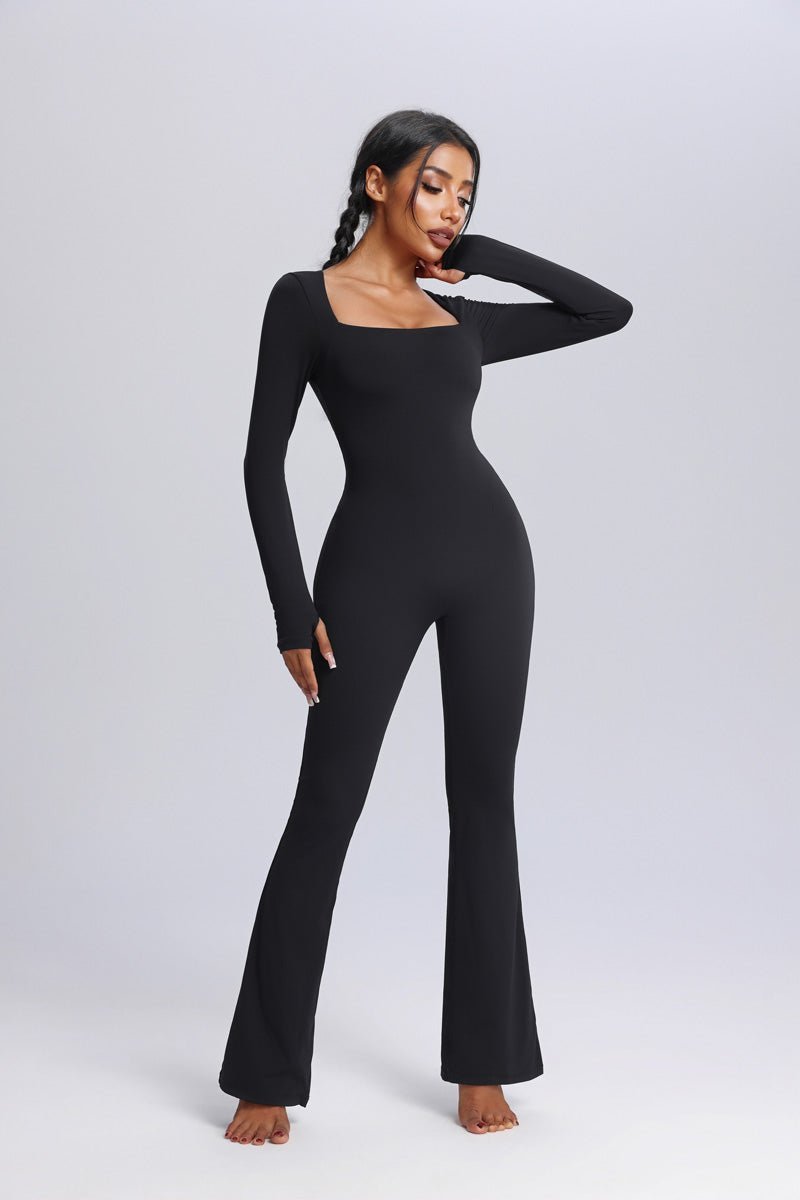 women's UPF 50+ Black Yoga jumpsuit with flared legs