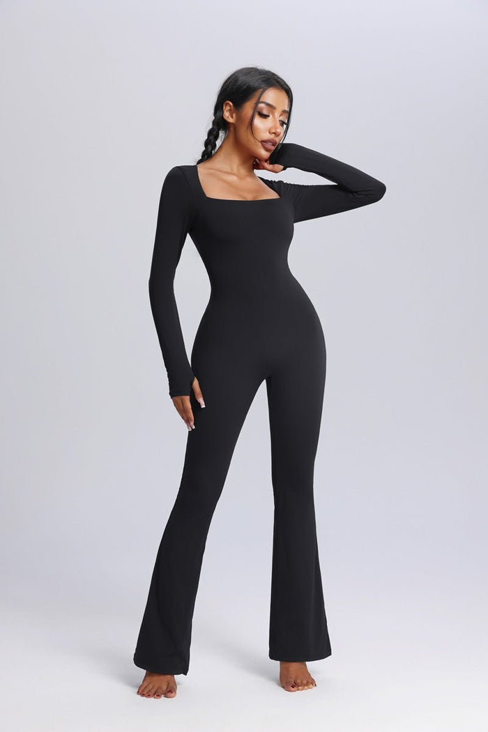 women's UPF 50+ Black Yoga jumpsuit with flared legs