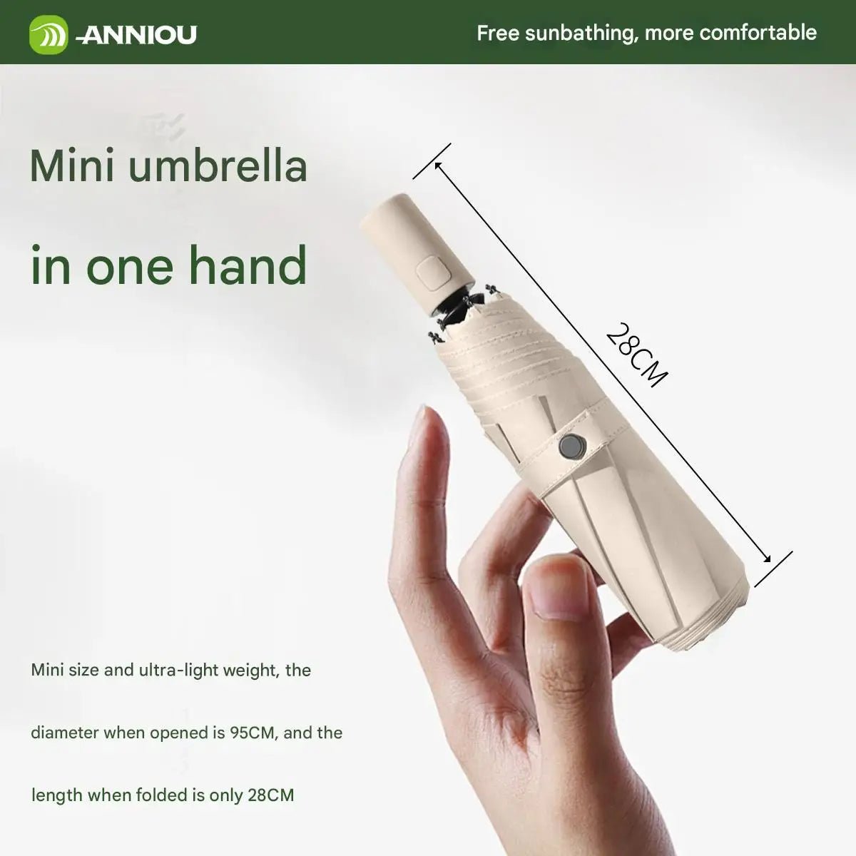 Mini umbrella held in one hand with dimensions displayed, featuring the brand 'ANNIOU'.