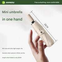 Mini umbrella held in one hand with dimensions displayed, featuring the brand 'ANNIOU'.