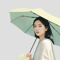 Woman holding a light green Sun Protective Bow Umbrella against a plain background