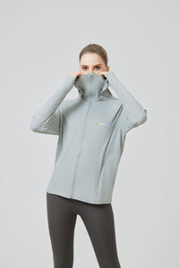woman wearing a sports Jacket with zip and UPF 100 protective fabric protecting the face