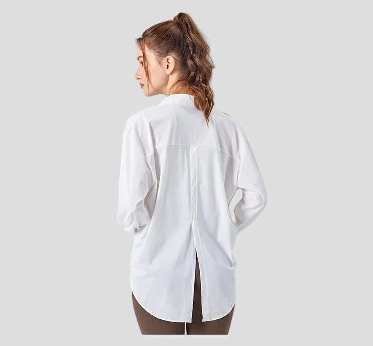 women's white Sun Protective UPF 50+ Sun Shirt collar